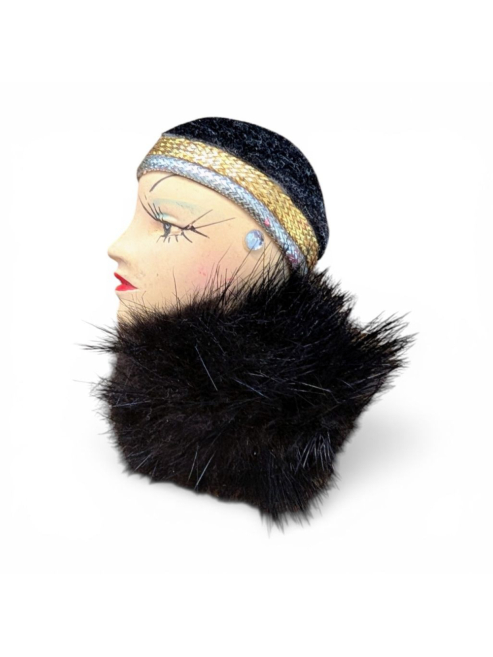 Vintage Art Deco Style Lady Head Brooch Faux Fur Roaring 20s Statement Brooched